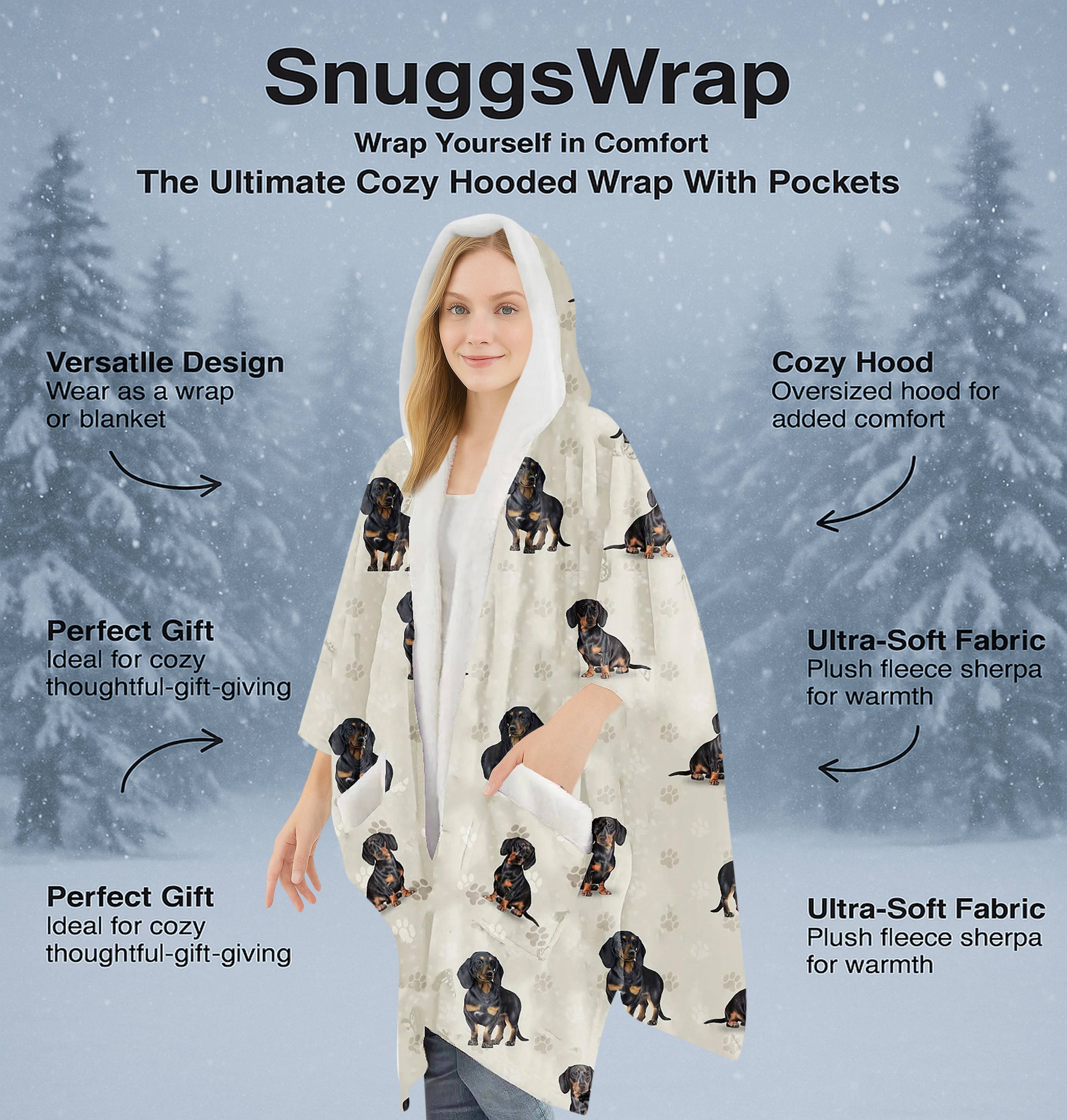 Dachshund, Black Snugg Wraps with Hoodie – Ultra Soft Sherpa Fleece Wrap for Pet Lovers