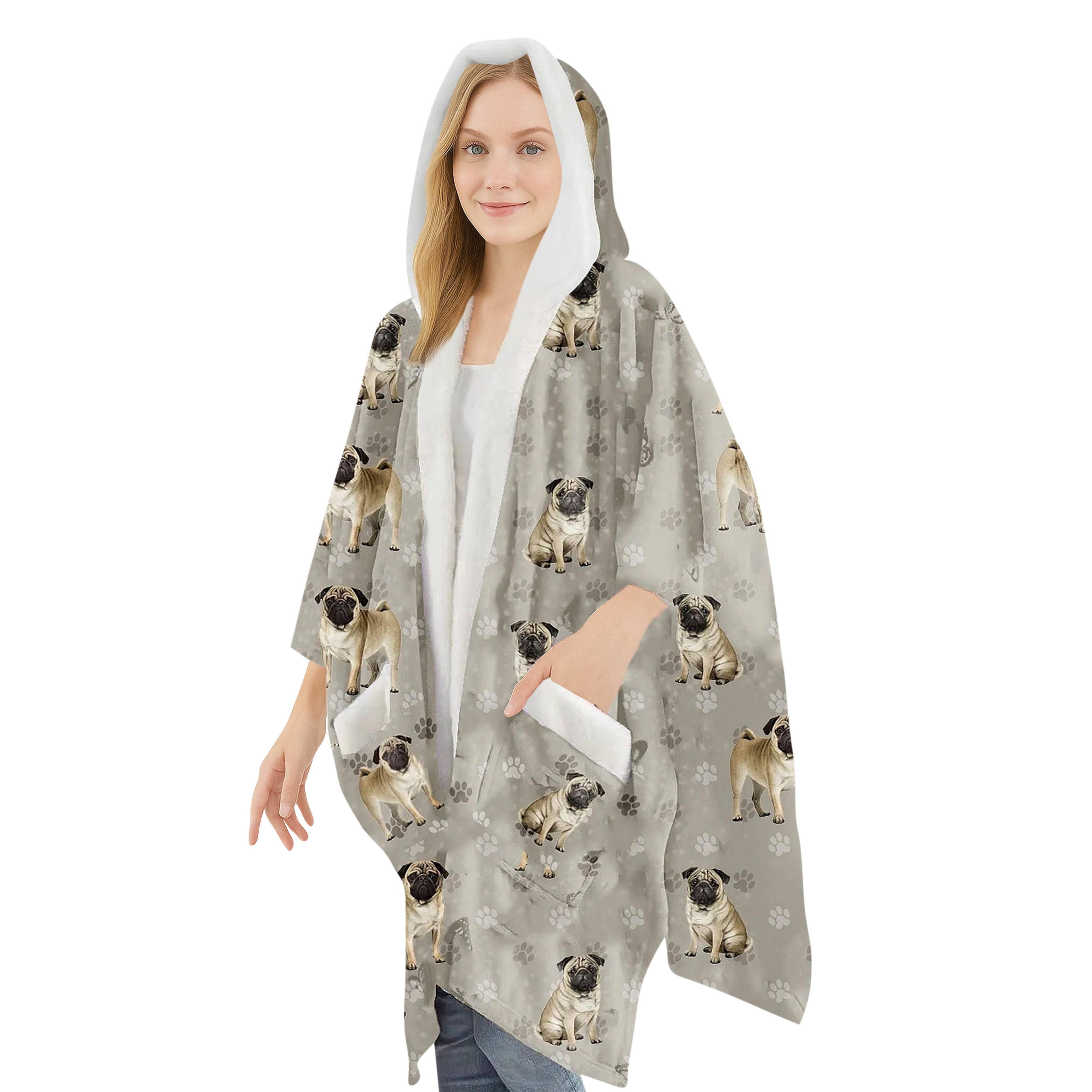 Pug Snugg Wraps with Hoodie – Ultra Soft Sherpa Fleece Wrap for Pet Lovers