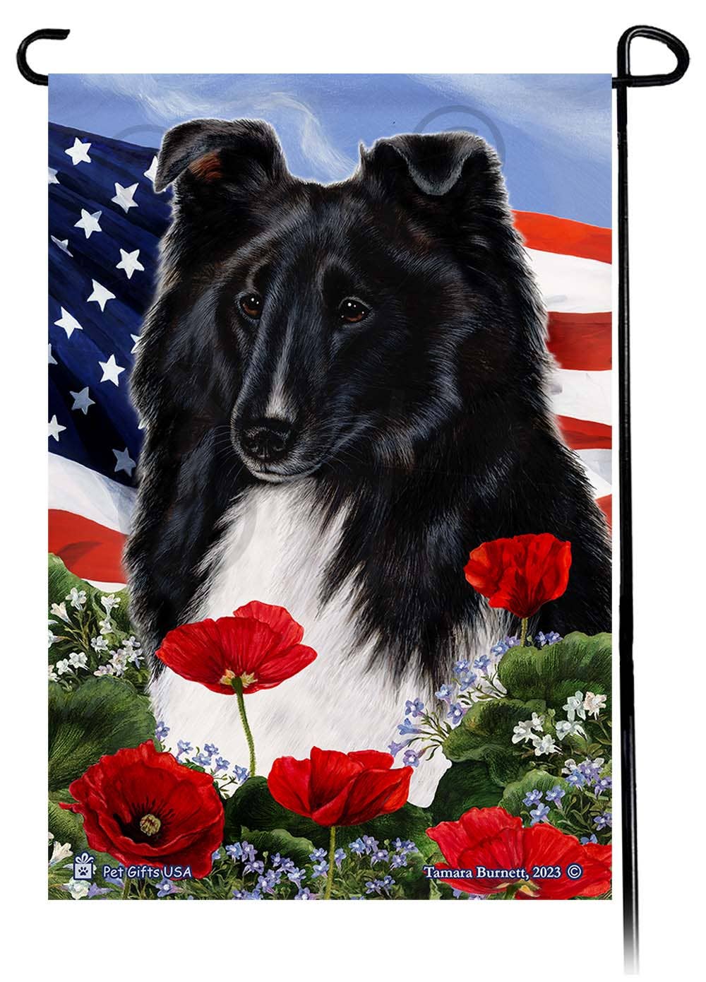 Sheltie Black and White - Patriotic Flowers Garden Flag
