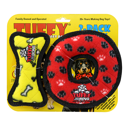 Tuffy Jr Bone Yellow & Ring Red Paw 2 Pack, Durable Dog Toys