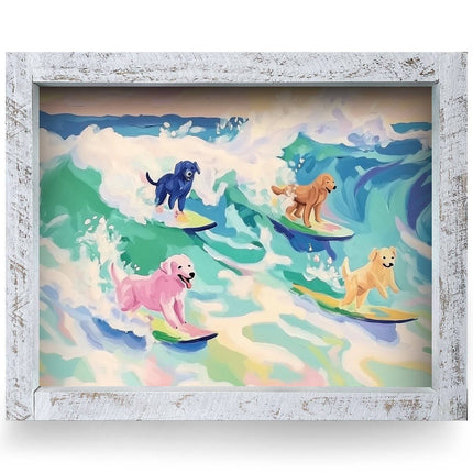 Surfing Dogs | Real Wood Framed Wall Art Print | Horizontal