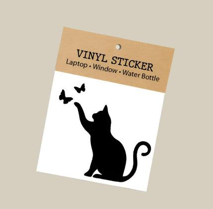 Cat Playing with Butterflies Laptop Bottle Sticker (Black)