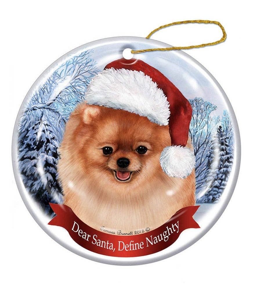 Pomeranian Santa Hat Dog Porcelain Christmas Ornament