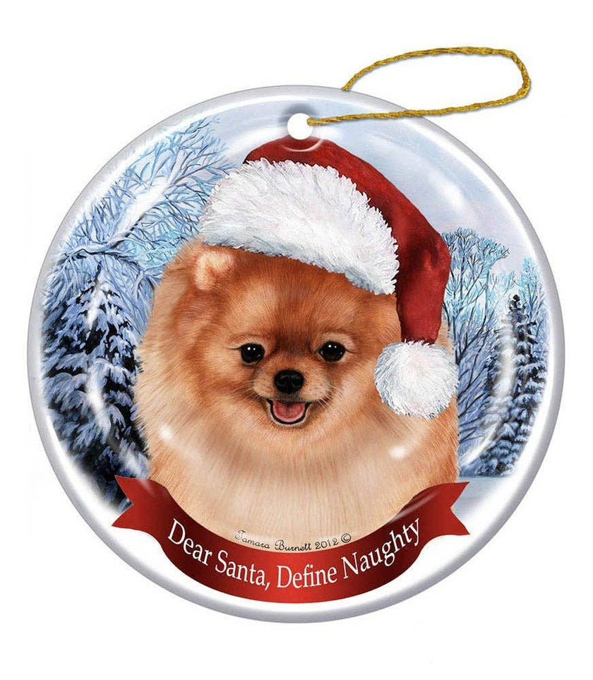 Pomeranian Santa Hat Dog Porcelain Christmas Ornament