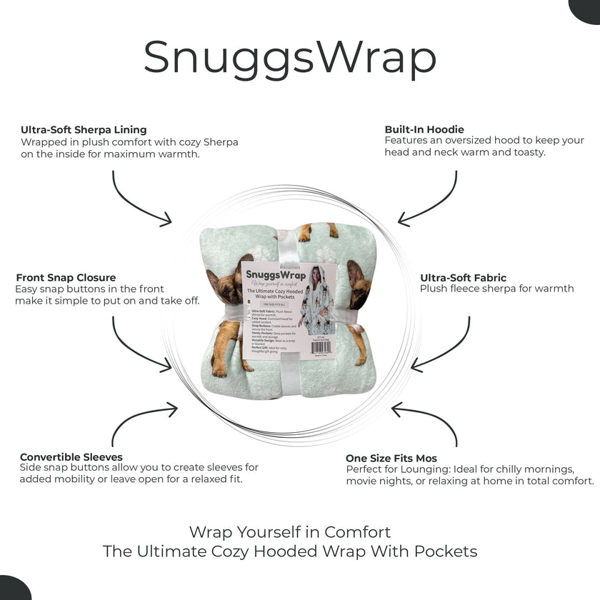 French Bulldog Snugg Wraps with Hoodie – Ultra Soft Sherpa Fleece Wrap for Pet Lovers