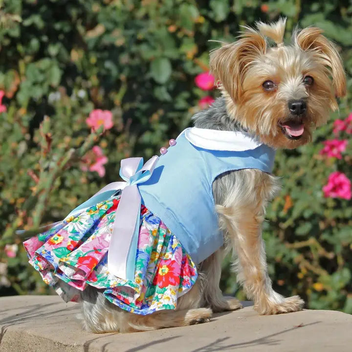 Blue & White Pastel Pearls Floral Dog Dress W/Matching Leash