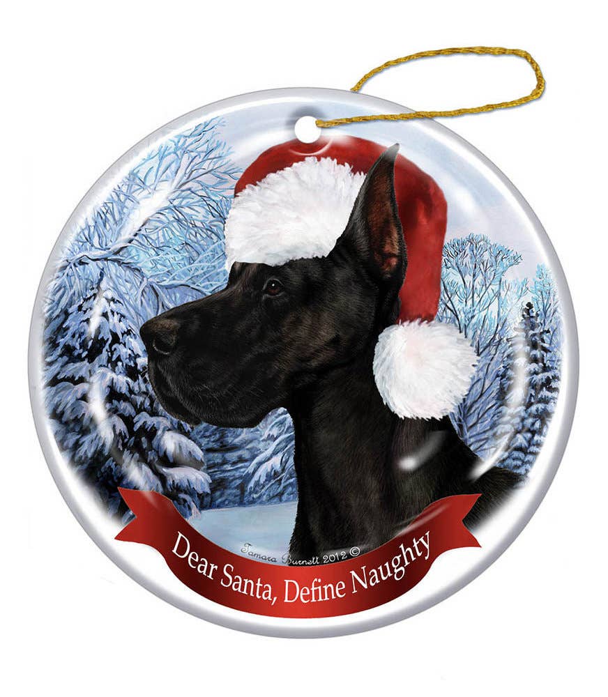 Great Dane (Cropped) Black Santa Hat Dog Porcelain  Ornament