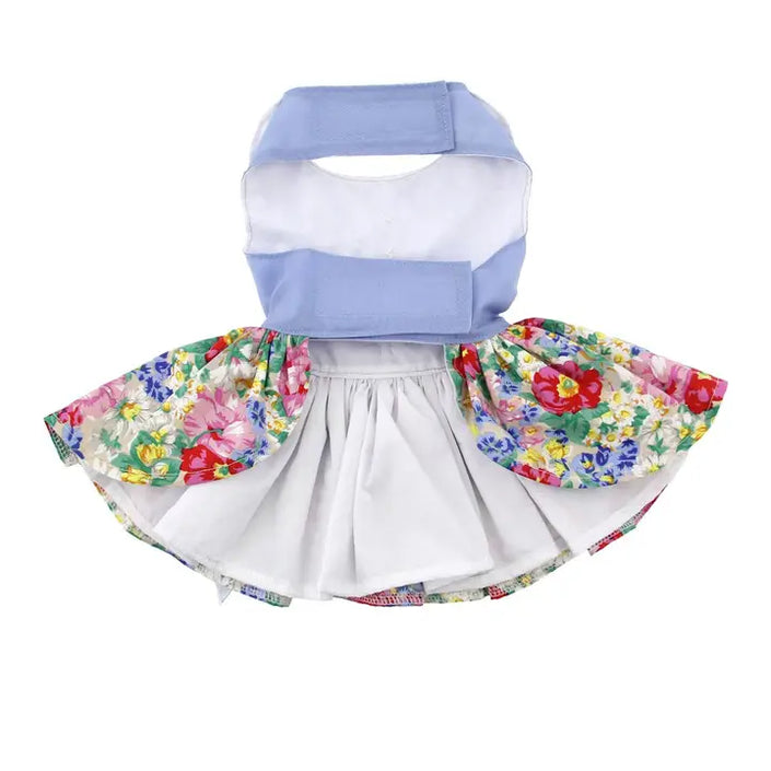 Blue & White Pastel Pearls Floral Dog Dress W/Matching Leash