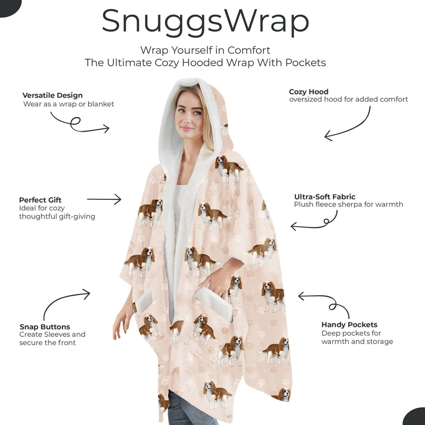 King Charles Cavalier Snugg Wraps with Hoodie – Ultra Soft Sherpa Fleece Wrap for Pet Lovers