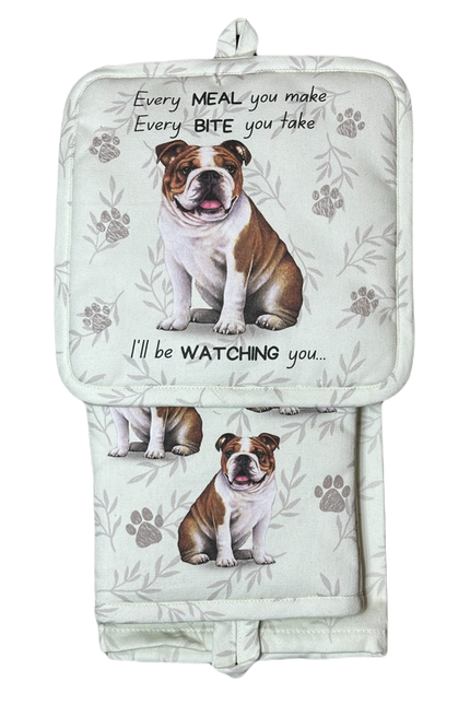 Bulldog, oven mitt set