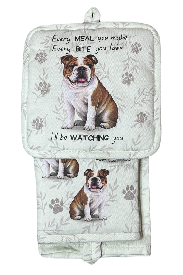 Bulldog, oven mitt set
