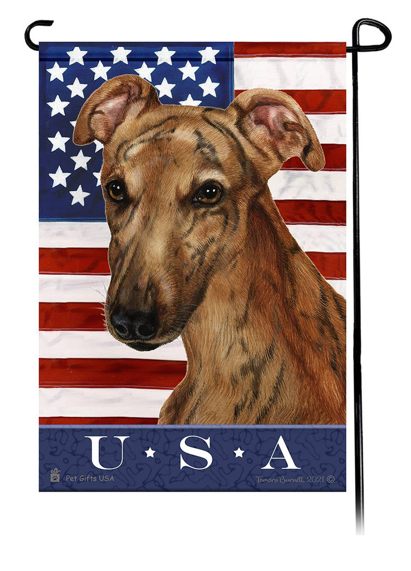 This Greyhound Red Brindle USA American Garden Flag is a testament to the beauty of your favorite breed and the American Flag.