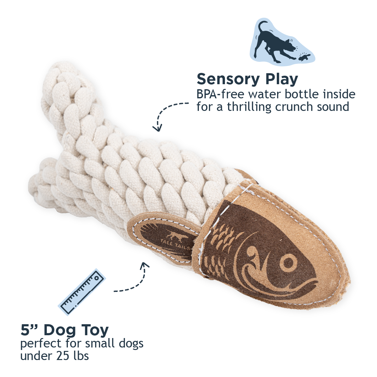 Dog Toy Fish Natural Leather Crunch Fish Rope Toy