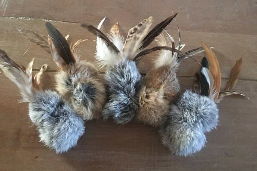 Cat Toy Natural Rabbit Fur & Feathers, Handmade, Birbits