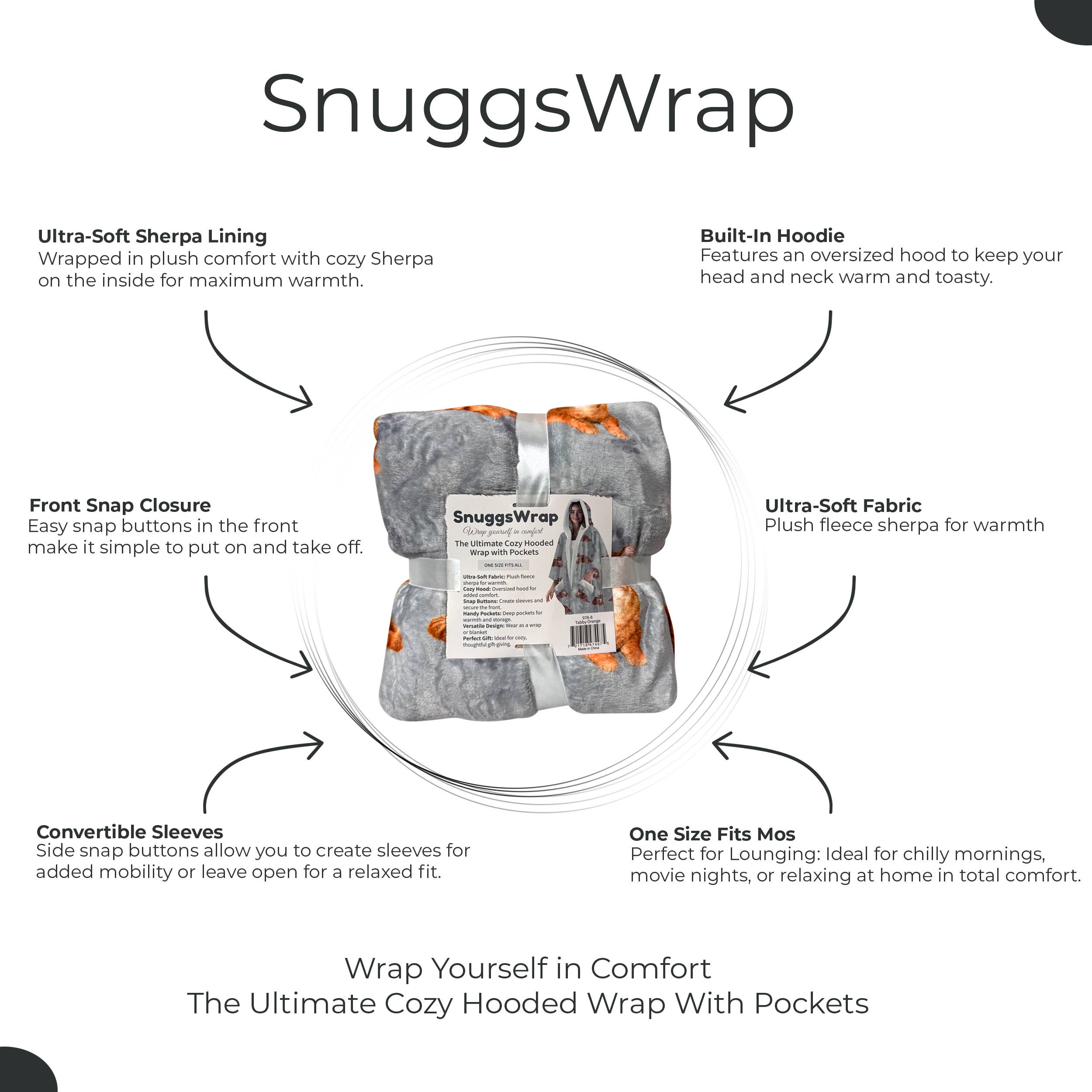Tabby Orange Snugg Wraps with Hoodie – Ultra Soft Sherpa Fleece Wrap for Pet Lovers