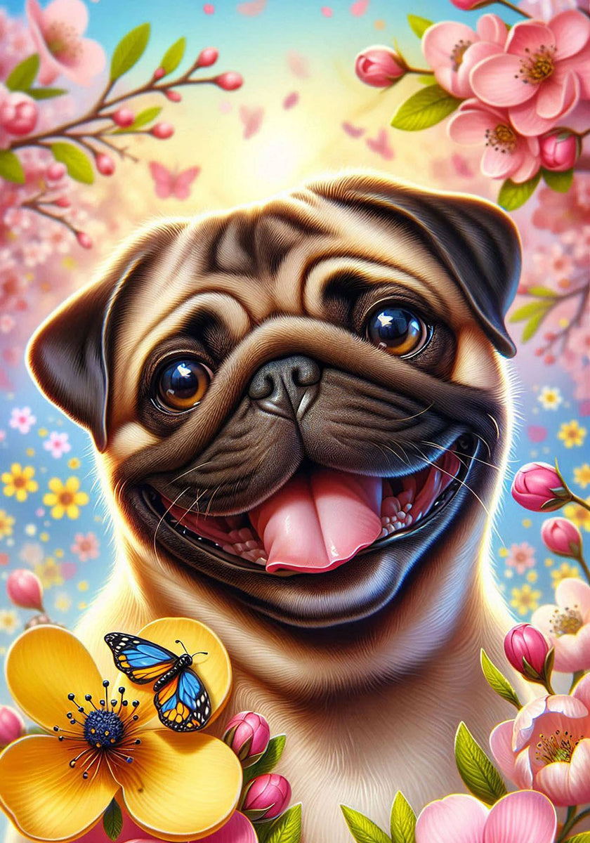 Pug Fawn Colorful Floral Large House Flag