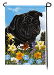 Pug, Black with Flowers Garden Flag