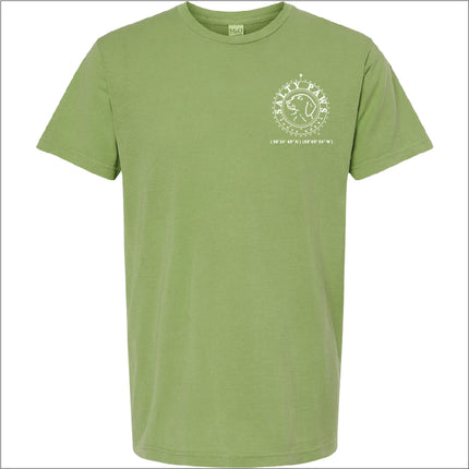 Introducing our custom-branded, Aloe color Salty Paws™ ®logo tees – the perfect apparel for anyone who loves being by the water and adores dogs! Each shirt features our iconic nautical compass design, complete with the coordinates of our flagship store. Crafted for comfort and style, these versatile tees are ideal for beach outings, boat trips, or casual wear. Show off your love for the ocean and man's best friend with a Salty Paws tee – a must-have for every water and dog enthusiast!