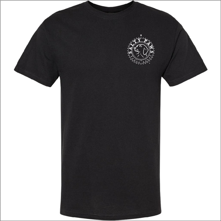 Introducing our custom-branded, Black color Salty Paws™ ®logo tees – the perfect apparel for anyone who loves being by the water and adores dogs! Each shirt features our iconic nautical compass design, complete with the coordinates of our flagship store. Crafted for comfort and style, these versatile tees are ideal for beach outings, boat trips, or casual wear. Show off your love for the ocean and man's best friend with a Salty Paws tee – a must-have for every water and dog enthusiast!