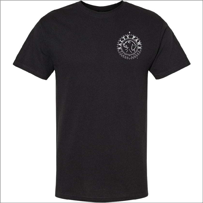 Introducing our custom-branded, Black color Salty Paws™ ®logo tees – the perfect apparel for anyone who loves being by the water and adores dogs! Each shirt features our iconic nautical compass design, complete with the coordinates of our flagship store. Crafted for comfort and style, these versatile tees are ideal for beach outings, boat trips, or casual wear. Show off your love for the ocean and man's best friend with a Salty Paws tee – a must-have for every water and dog enthusiast!