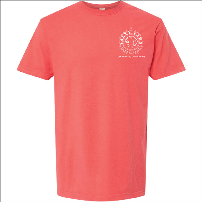 Introducing our custom-branded, Bright Salmon color Salty Paws™ ®logo tees – the perfect apparel for anyone who loves being by the water and adores dogs! Each shirt features our iconic nautical compass design, complete with the coordinates of our flagship store. Crafted for comfort and style, these versatile tees are ideal for beach outings, boat trips, or casual wear. Show off your love for the ocean and man's best friend with a Salty Paws tee – a must-have for every water and dog enthusiast!