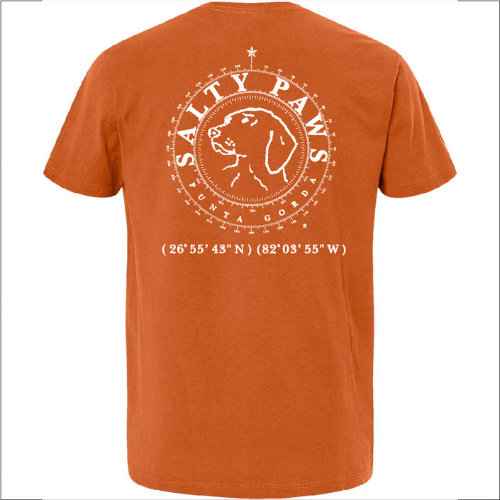 Introducing our custom-branded, Burnt Orange color Salty Paws™ ®logo tees – the perfect apparel for anyone who loves being by the water and adores dogs! Each shirt features our iconic nautical compass design, complete with the coordinates of our flagship store. Crafted for comfort and style, these versatile tees are ideal for beach outings, boat trips, or casual wear. Show off your love for the ocean and man's best friend with a Salty Paws tee – a must-have for every water and dog enthusiast!
