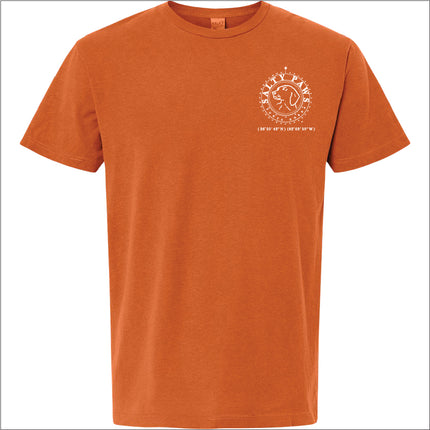 Introducing our custom-branded, Burnt Orange color Salty Paws™ ®logo tees – the perfect apparel for anyone who loves being by the water and adores dogs! Each shirt features our iconic nautical compass design, complete with the coordinates of our flagship store. Crafted for comfort and style, these versatile tees are ideal for beach outings, boat trips, or casual wear. Show off your love for the ocean and man's best friend with a Salty Paws tee – a must-have for every water and dog enthusiast!