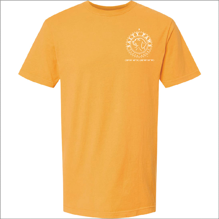 Introducing our custom-branded, Citrus color Salty Paws™ ®logo tees – the perfect apparel for anyone who loves being by the water and adores dogs! Each shirt features our iconic nautical compass design, complete with the coordinates of our flagship store. Crafted for comfort and style, these versatile tees are ideal for beach outings, boat trips, or casual wear. Show off your love for the ocean and man's best friend with a Salty Paws tee – a must-have for every water and dog enthusiast!