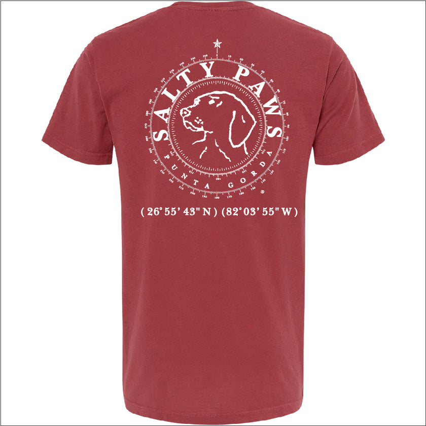 Introducing our custom-branded, Crimson color Salty Paws™ ®logo tees – the perfect apparel for anyone who loves being by the water and adores dogs! Each shirt features our iconic nautical compass design, complete with the coordinates of our flagship store. Crafted for comfort and style, these versatile tees are ideal for beach outings, boat trips, or casual wear. Show off your love for the ocean and man's best friend with a Salty Paws tee – a must-have for every water and dog enthusiast!