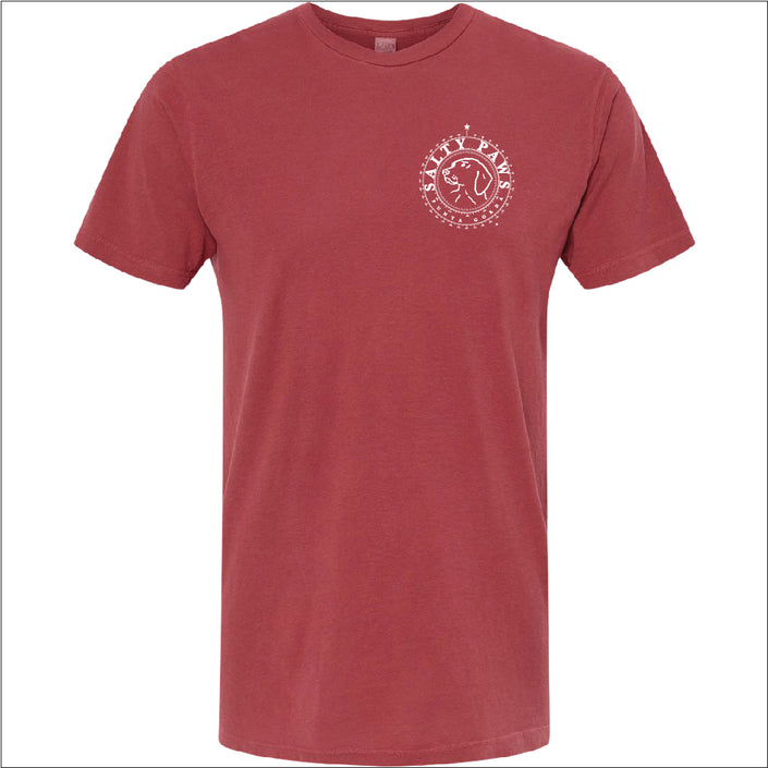 Introducing our custom-branded, Crimson color Salty Paws™ ®logo tees – the perfect apparel for anyone who loves being by the water and adores dogs! Each shirt features our iconic nautical compass design, complete with the coordinates of our flagship store. Crafted for comfort and style, these versatile tees are ideal for beach outings, boat trips, or casual wear. Show off your love for the ocean and man's best friend with a Salty Paws tee – a must-have for every water and dog enthusiast!