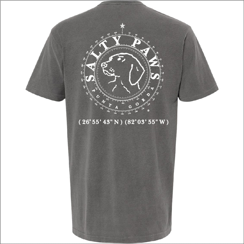 Introducing our custom-branded, Grey color Salty Paws™ ®logo tees – the perfect apparel for anyone who loves being by the water and adores dogs! Each shirt features our iconic nautical compass design, complete with the coordinates of our flagship store. Crafted for comfort and style, these versatile tees are ideal for beach outings, boat trips, or casual wear. Show off your love for the ocean and man's best friend with a Salty Paws tee – a must-have for every water and dog enthusiast!