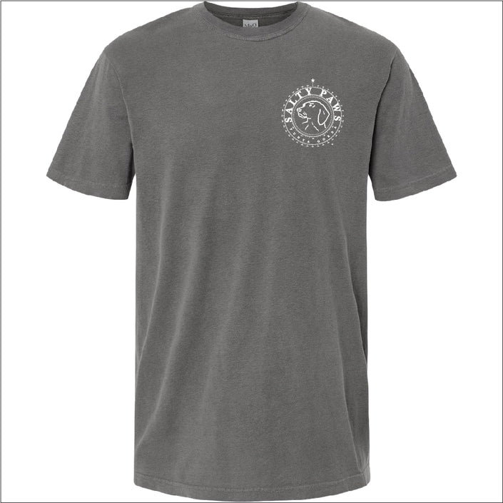 Introducing our custom-branded, Grey color Salty Paws™ ®logo tees – the perfect apparel for anyone who loves being by the water and adores dogs! Each shirt features our iconic nautical compass design, complete with the coordinates of our flagship store. Crafted for comfort and style, these versatile tees are ideal for beach outings, boat trips, or casual wear. Show off your love for the ocean and man's best friend with a Salty Paws tee – a must-have for every water and dog enthusiast!