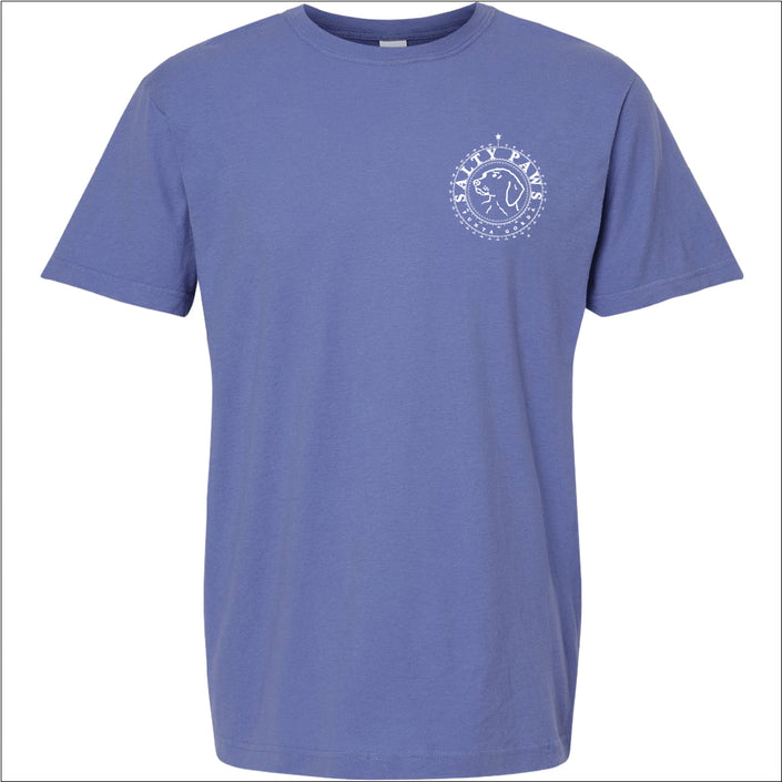 Introducing our custom-branded, Periwinkle color Salty Paws™ ®logo tees – the perfect apparel for anyone who loves being by the water and adores dogs! Each shirt features our iconic nautical compass design, complete with the coordinates of our flagship store. Crafted for comfort and style, these versatile tees are ideal for beach outings, boat trips, or casual wear. Show off your love for the ocean and man's best friend with a Salty Paws tee – a must-have for every water and dog enthusiast!