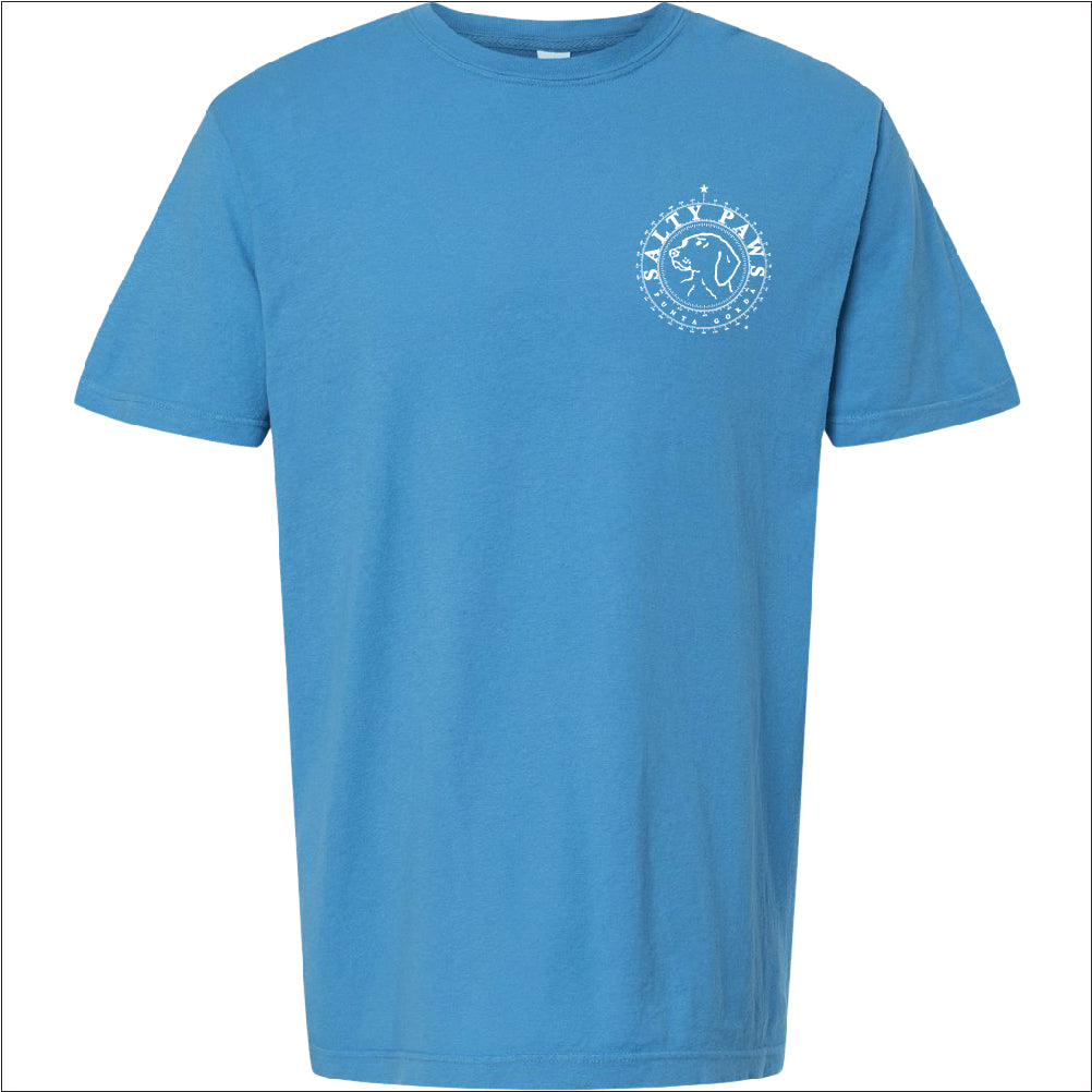 Introducing our custom-branded, Royal Caribe color Salty Paws™ ®logo tees – the perfect apparel for anyone who loves being by the water and adores dogs! Each shirt features our iconic nautical compass design, complete with the coordinates of our flagship store. Crafted for comfort and style, these versatile tees are ideal for beach outings, boat trips, or casual wear. Show off your love for the ocean and man's best friend with a Salty Paws tee – a must-have for every water and dog enthusiast!