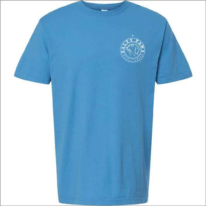 Introducing our custom-branded, Royal Caribe color Salty Paws™ ®logo tees – the perfect apparel for anyone who loves being by the water and adores dogs! Each shirt features our iconic nautical compass design, complete with the coordinates of our flagship store. Crafted for comfort and style, these versatile tees are ideal for beach outings, boat trips, or casual wear. Show off your love for the ocean and man's best friend with a Salty Paws tee – a must-have for every water and dog enthusiast!