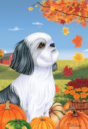 Shih Tzu, Grey & White Garden Flag (Fall)