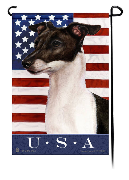 This Italian Greyhound Black & White USA American Garden Flag is a testament to the beauty of your favorite breed and the American Flag.