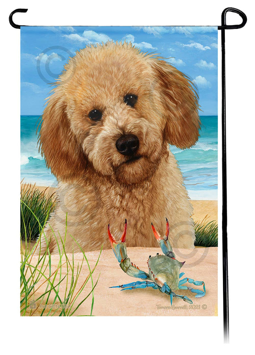 This Labradoodle Chocolate Poodle Cut USA American Garden Flag is a testament to the beauty of your favorite breed and the American Flag