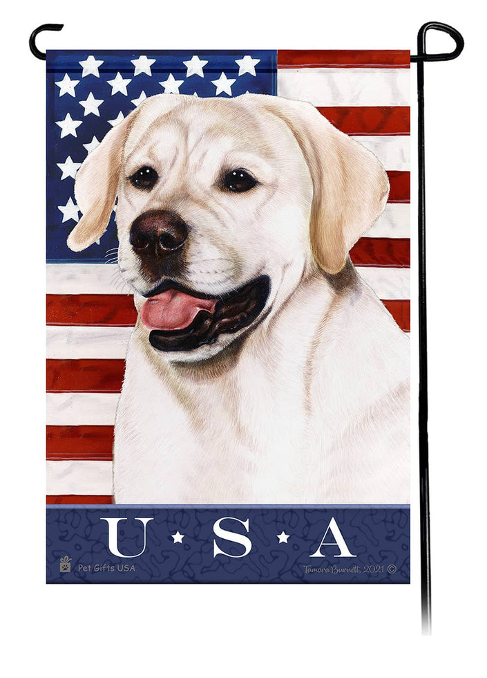 This Labrador White (English) USA American Garden Flag is a testament to the beauty of your favorite breed and the American Flag. 