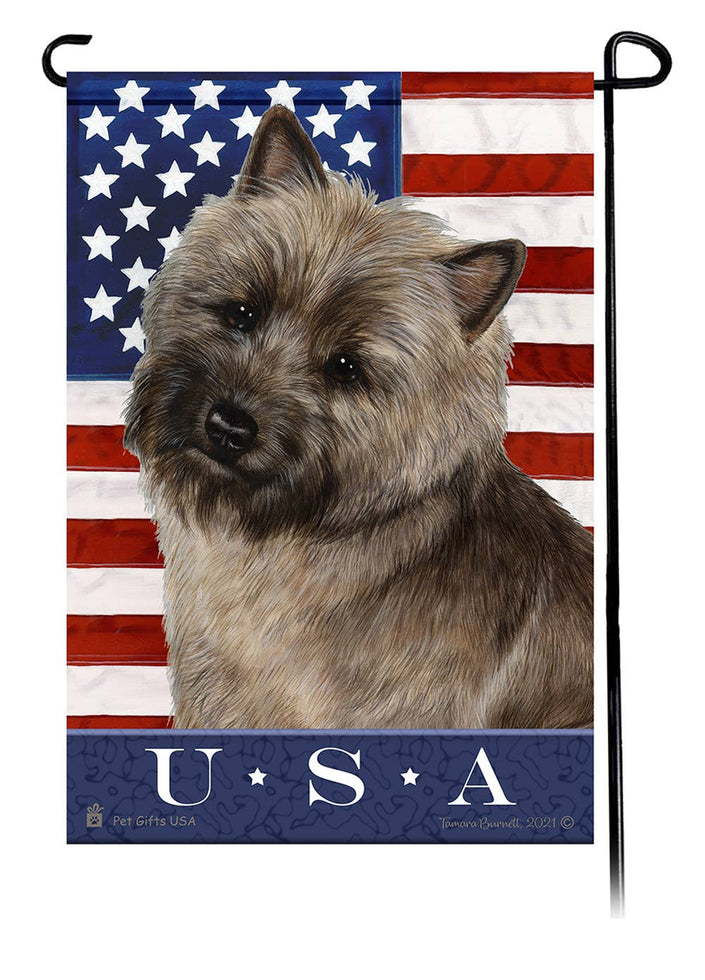 This Cairn Brindle USA American Garden Flag is a testament to the beauty of your favorite breed and the American Flag. 