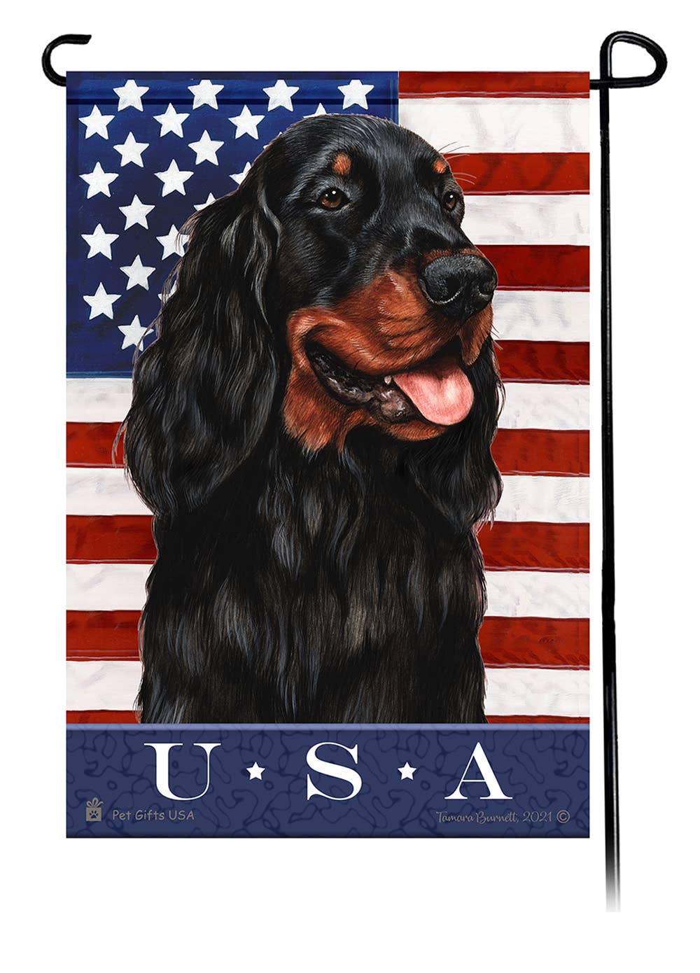 This Gordon Setter USA American Garden Flag is a testament to the beauty of your favorite breed and the American Flag.