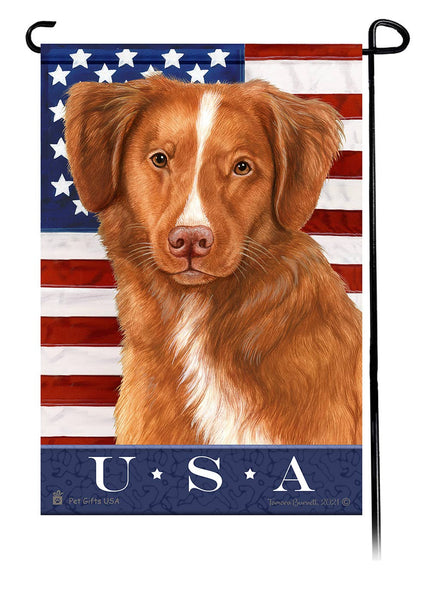 This Nova Scotia Duck Tolling Red USA American Garden Flag is a testament to the beauty of your favorite breed and the American Flag.