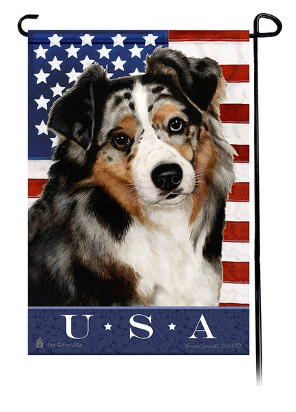 This Australian Shepherd Blue Merle USA American Garden Flag is a testament to the beauty of your favorite breed and the American Flag.