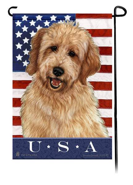 This Goldendoodle USA American Garden Flag is a testament to the beauty of your favorite breed and the American Flag.