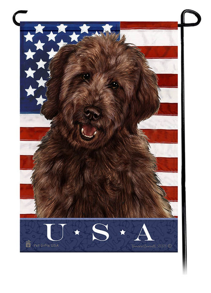 This Goldendoodle Chocolate USA American Garden Flag is a testament to the beauty of your favorite breed and the American Flag.