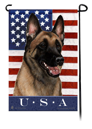 This Belgian Malinois Fawn USA American Garden Flag is a testament to the beauty of your favorite breed and the American Flag.