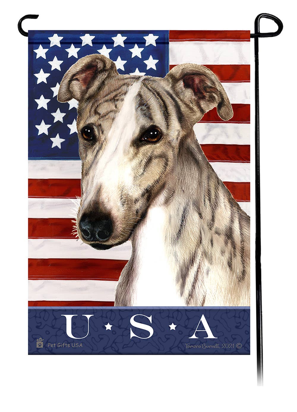 This Greyhound Fawn Brindle USA American Garden Flag is a testament to the beauty of your favorite breed and the American Flag.