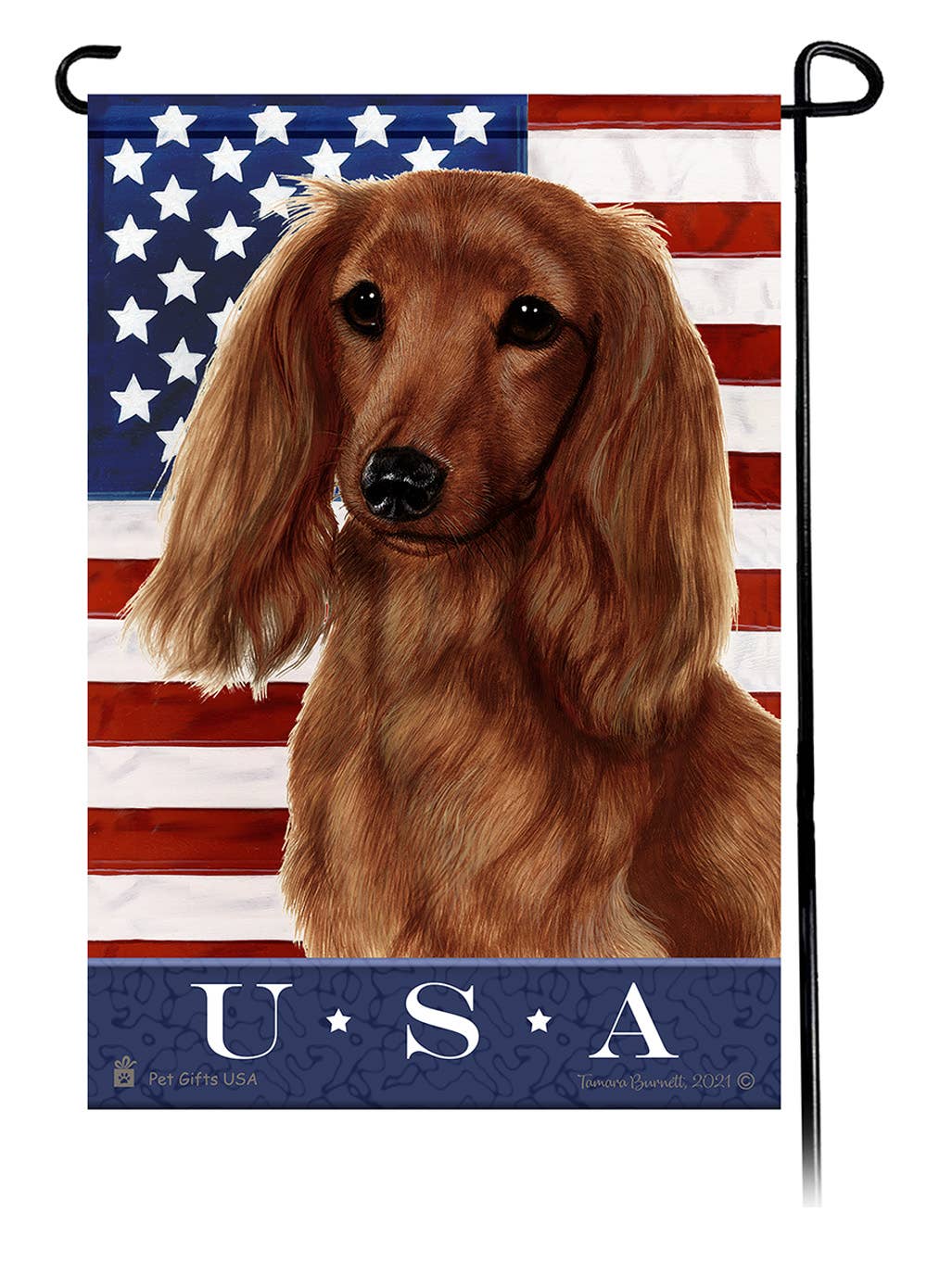 This Dachshund Longhair Red USA American Garden Flag is a testament to the beauty of your favorite breed and the American Flag. 