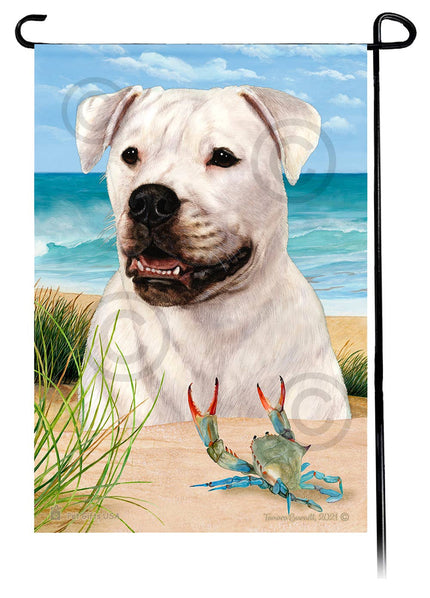 This American Bulldog White Garden Flag is a testament to the beauty of your favorite breed and the American Flag.