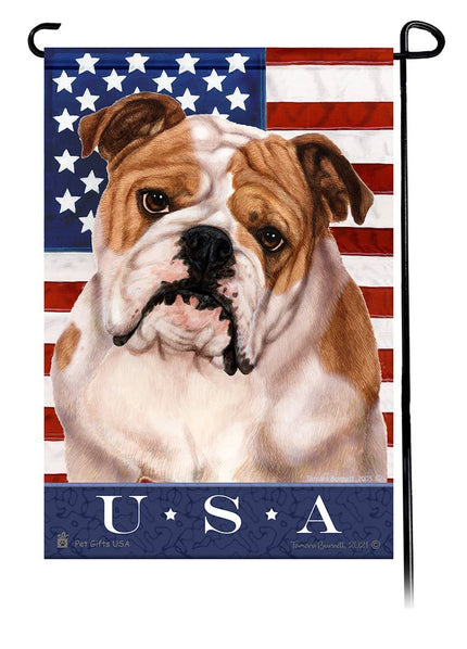 This Bulldog (English) Tan & White USA American Garden Flag is a testament to the beauty of your favorite breed and the American Flag.